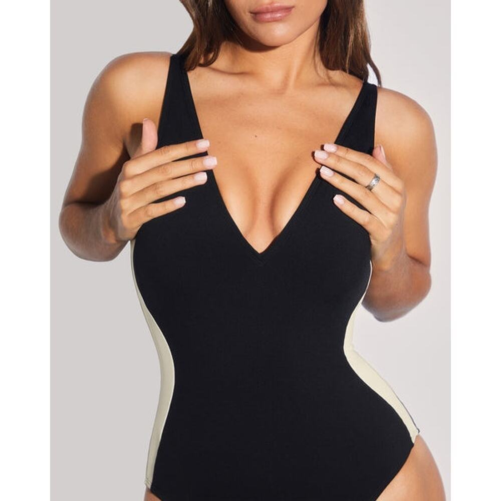 TA3 Plungey Contour Waist Snatching One Piece Swimsuit Black/Oat L Reg/Long NWT